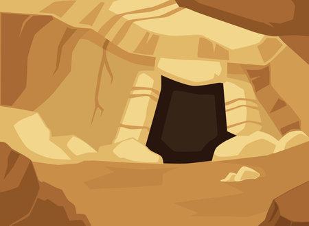 Dark entrance of yellow-brown stone cave flat style, vector illustrationのイラスト素材