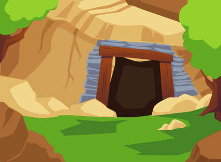 Old abandoned stone cave or mine entrance, cartoon flat vector illustration.のイラスト素材