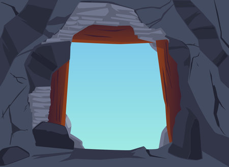 View from entrance of stone cave on moon sky, flat vector illustration.のイラスト素材
