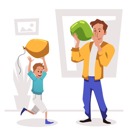 Young man blowing green balloon flat style, vector illustrationのイラスト素材