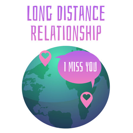 Earth planet with geotags on different continents and message I miss you flat styleのイラスト素材