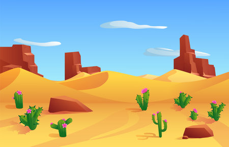 Desert landscape banner with highlands and cactuses, flat vector illustration.のイラスト素材