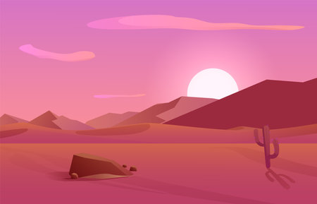 Desert dunes at sunset, Egyptian landscape scenery - flat vector illustration.のイラスト素材