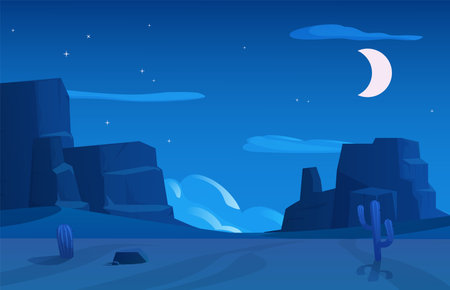 Banner of desert night landscape with highlands and moon vector illustration.のイラスト素材