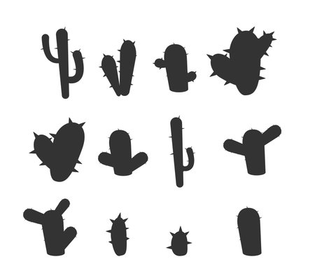 Various cacti silhouettes, black cactus vector icons isolated on white background.のイラスト素材