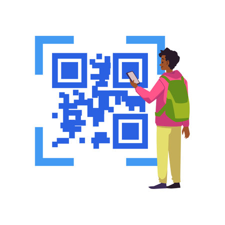 Young man standing near blue huge QR code symbol flat styleのイラスト素材
