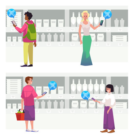 People shopping at supermarket, QR code scanning flat styleのイラスト素材