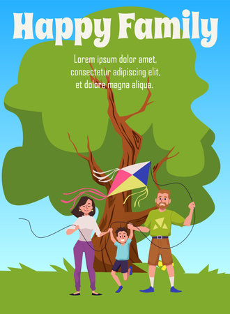 Happy family poster template with text, parents flying kite together with kid, flat vector illustration.のイラスト素材