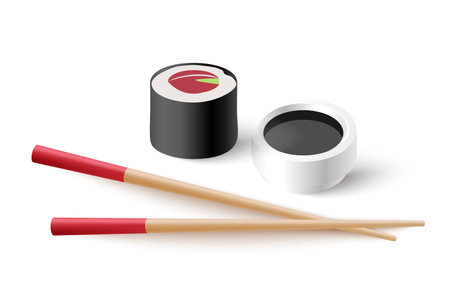 Realistic bamboo chopsticks with sushi and bowl with soy sauceのイラスト素材