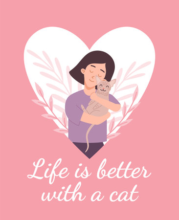 Cute postcard with peaceful young woman hugging smiling sphinx cat flat styleのイラスト素材