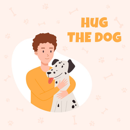 Cute banner with young boy hugging dalmatian flat styleのイラスト素材