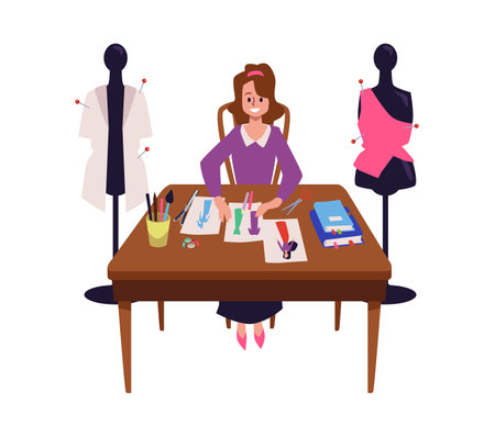 Smiling woman clothes designer working flat style, vector illustrationのイラスト素材