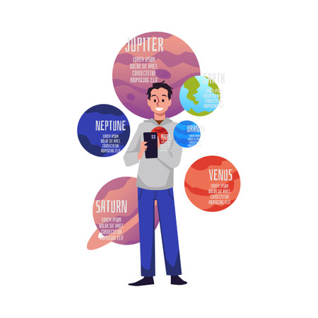 Smiling man with mobile phone standing among planets flat styleのイラスト素材