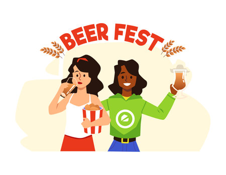 Beer fest banner or emblem with girl friends drinking beer flat vector isolated.のイラスト素材