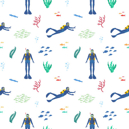 Seamless pattern with scuba divers in different poses, fishes and seaweeds flat styleのイラスト素材