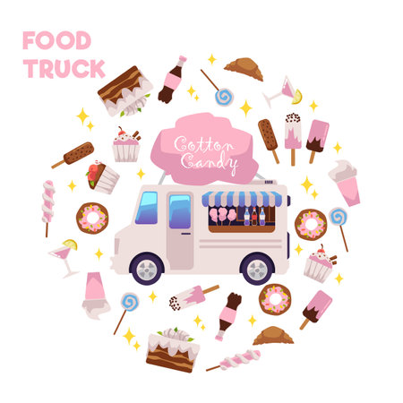 Food truck with sweets and cotton candy flat style, vector illustrationのイラスト素材