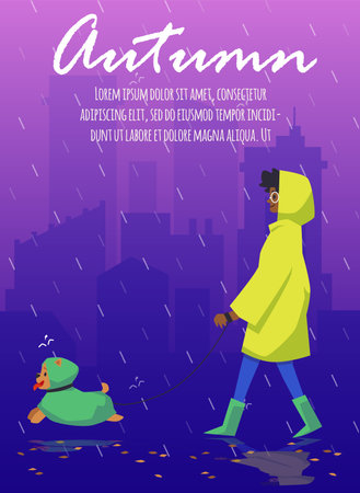 Autumn weather banner or poster mockup with woman flat vector illustration.のイラスト素材