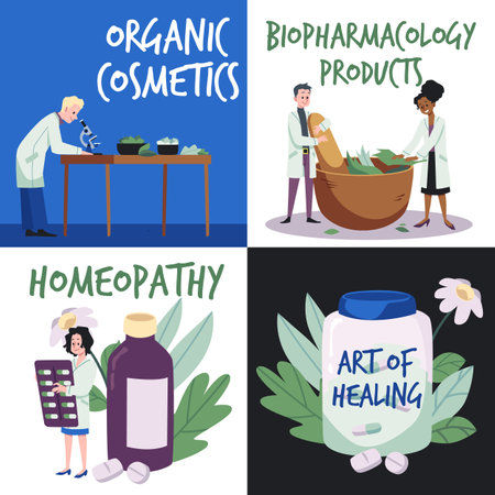 Organic cosmetics, homeopathy and biopharmacology banners, vector illustration.のイラスト素材