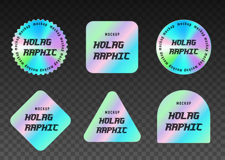 Set of holographic sticker mockups, realistic, vector illustrationのイラスト素材