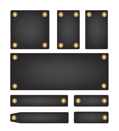 Cardboard tags with gold eyelets or grommets, realistic mockup, vector illustration isolated on white background.のイラスト素材