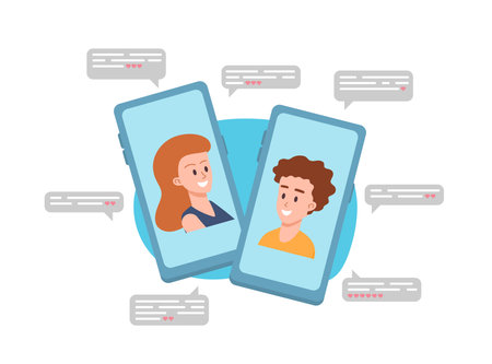 Two mobile phone screens with happy boy and girl faces flat styleのイラスト素材