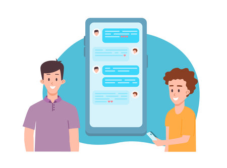 Two smiling boys and huge mobile phone screen with chatting flat styleのイラスト素材