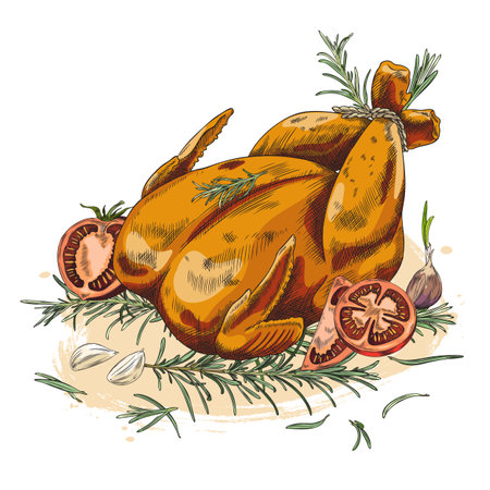 Turkey or chicken meal with rosemary, sketch vector illustration isolated.のイラスト素材