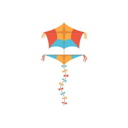 Colorful flying kite with decorated bows on string, flat vector illustration isolated on white background.のイラスト素材