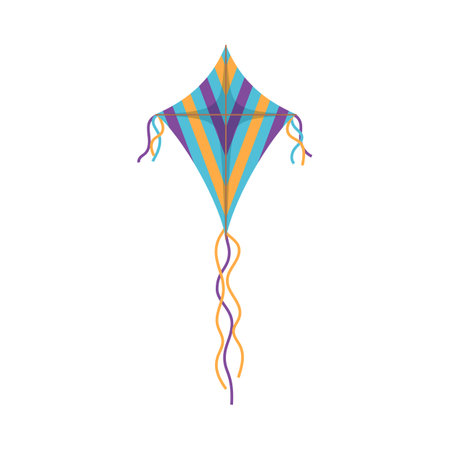 Flying kite decorated with colorful ribbons, flat vector illustration isolated on white background.のイラスト素材