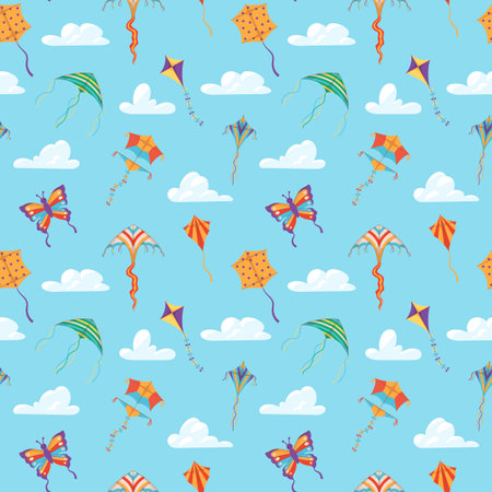 Seamless pattern with colorful kites on sky backdrop flat vector illustration.のイラスト素材