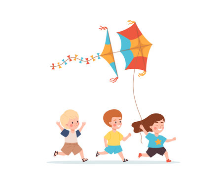 Cute cheerful children playing with kite cartoon vector illustration isolated.のイラスト素材