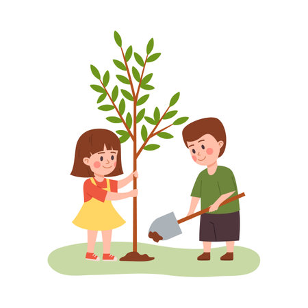 Child boy and girl planting tree together, flat vector illustration isolated on white background.のイラスト素材