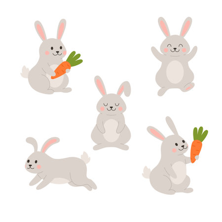 Cute rabbit or bunny holding carrot, flat vector illustration isolated on white background.のイラスト素材