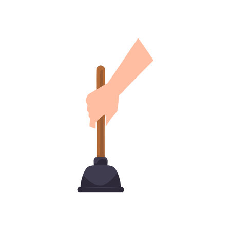 Hand with plumbing plunger, flat cartoon vector illustration isolated on white.のイラスト素材