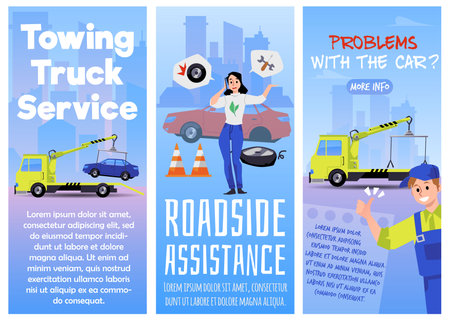 Set of flyers about towing truck service and roadside assistance flat styleのイラスト素材