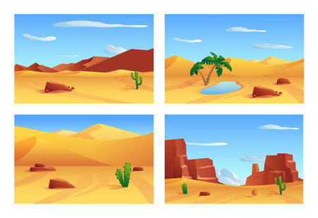 Desert banner backgrounds with oasis and highlands, flat vector illustration.のイラスト素材