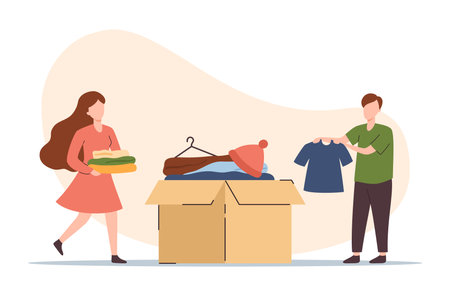 Clothes donation to those in need, flat vector illustration isolated on white background.のイラスト素材