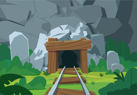 Entrance to a coal mine with a track for trolleys, flat vector illustration.のイラスト素材
