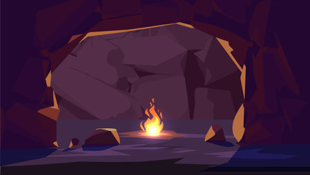 Fire in the cave, prehistoric times scene - flat vector illustration.のイラスト素材