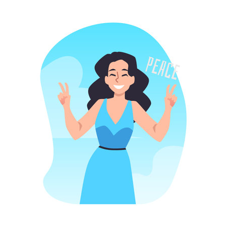 Peace inspirational banner or sticker with cheerful woman flat vector isolated.のイラスト素材
