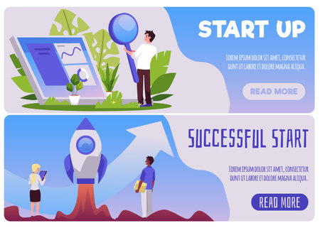 Start up and successful start of new business, banners set - flat vector illustration.のイラスト素材