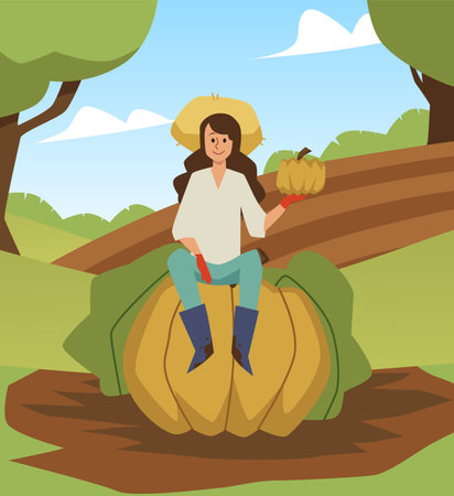 Happy woman sitting on big pumpkin in the field, flat vector illustration.のイラスト素材