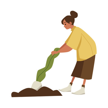 Farmer pulling out root crops from a bed, flat vector illustration isolated.のイラスト素材