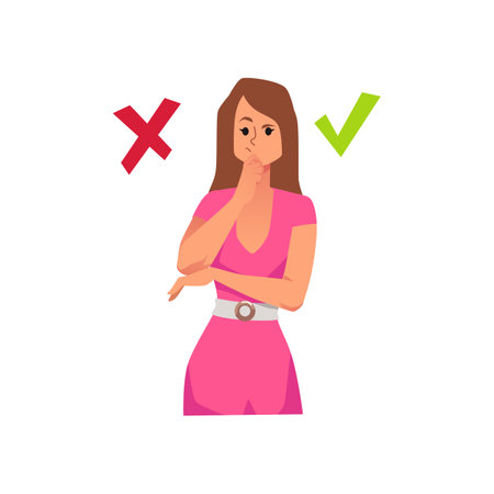 Curious woman choosing between right and wrong, flat vector illustration isolated on white background.のイラスト素材