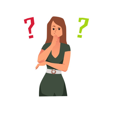 Confused woman with question marks, flat vector illustration isolated on white background.のイラスト素材