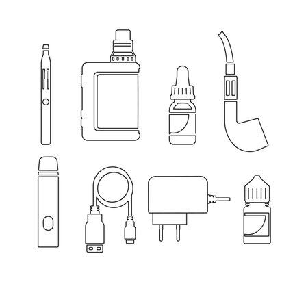Vape and e-cigarette set, outline doodles, vector illustration isolated on white background.のイラスト素材