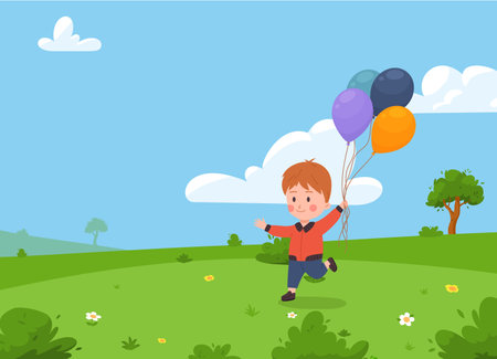 Summer banner with child playing balloons in park or forest, vector illustration.のイラスト素材