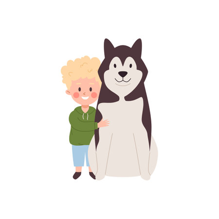 Boy hugging a huge husky flat cartoon vector illustration isolated on white.のイラスト素材