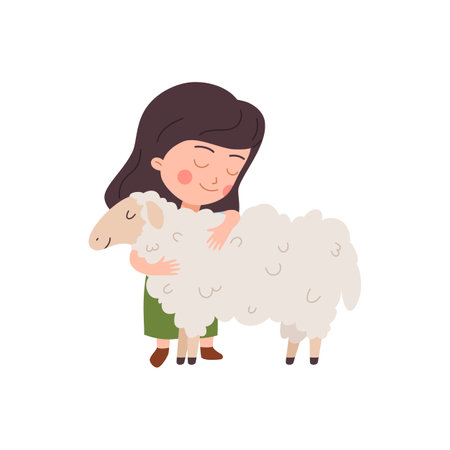 Little girl hugging a white sheep flat cartoon vector illustration isolated.のイラスト素材