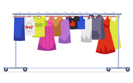 Clothes hanger rack for second hand store, flat vector illustration isolated.のイラスト素材